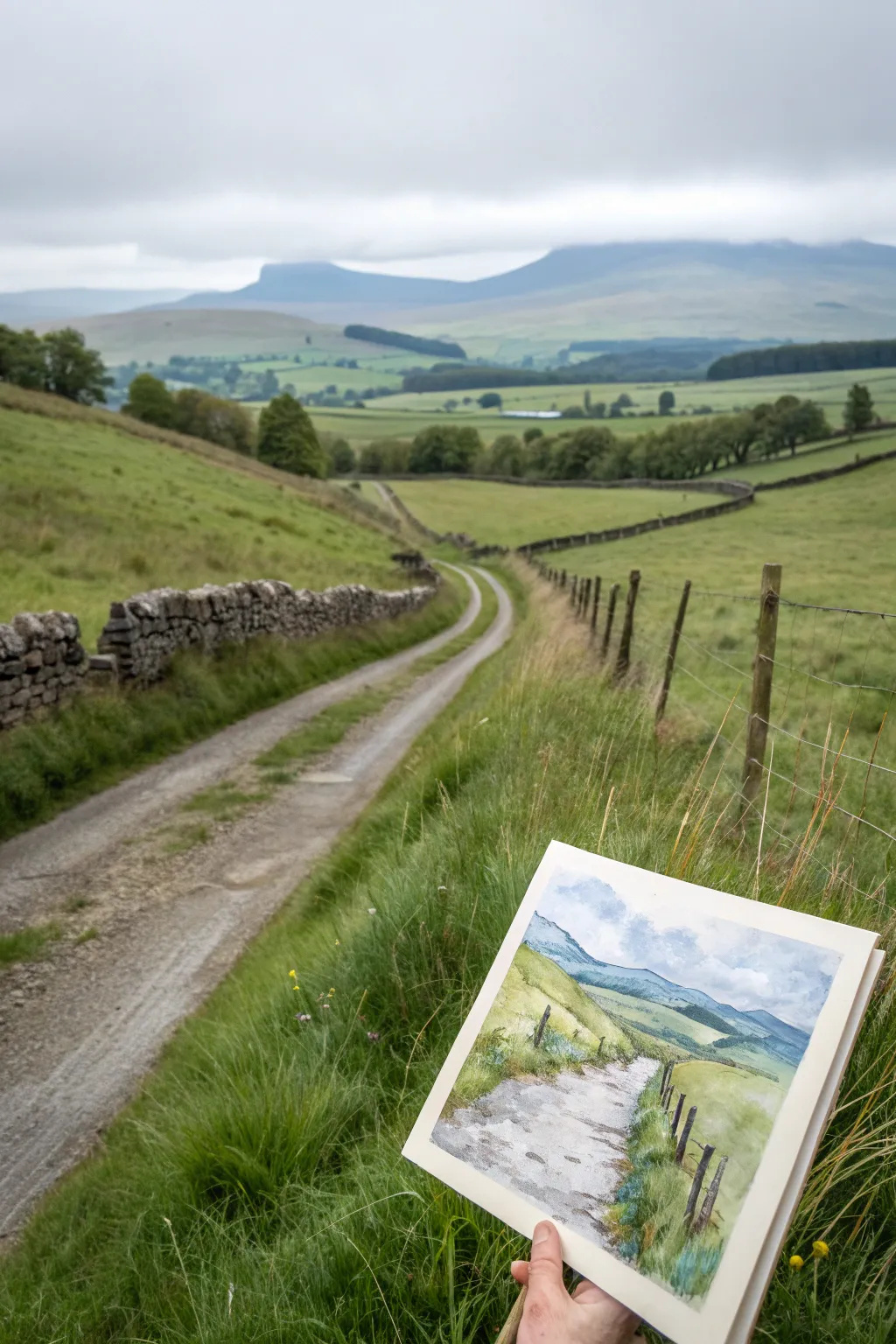 Winding Irish country road in watercolor, soft greens and stone walls with minimalist calm