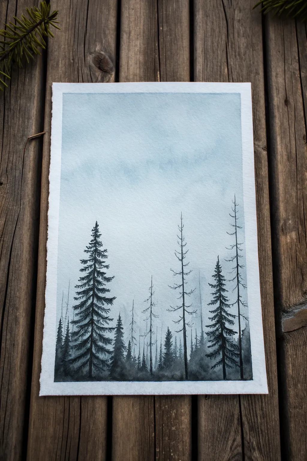 Minimal January landscape study: pine silhouettes and bare branches on pale winter sky.