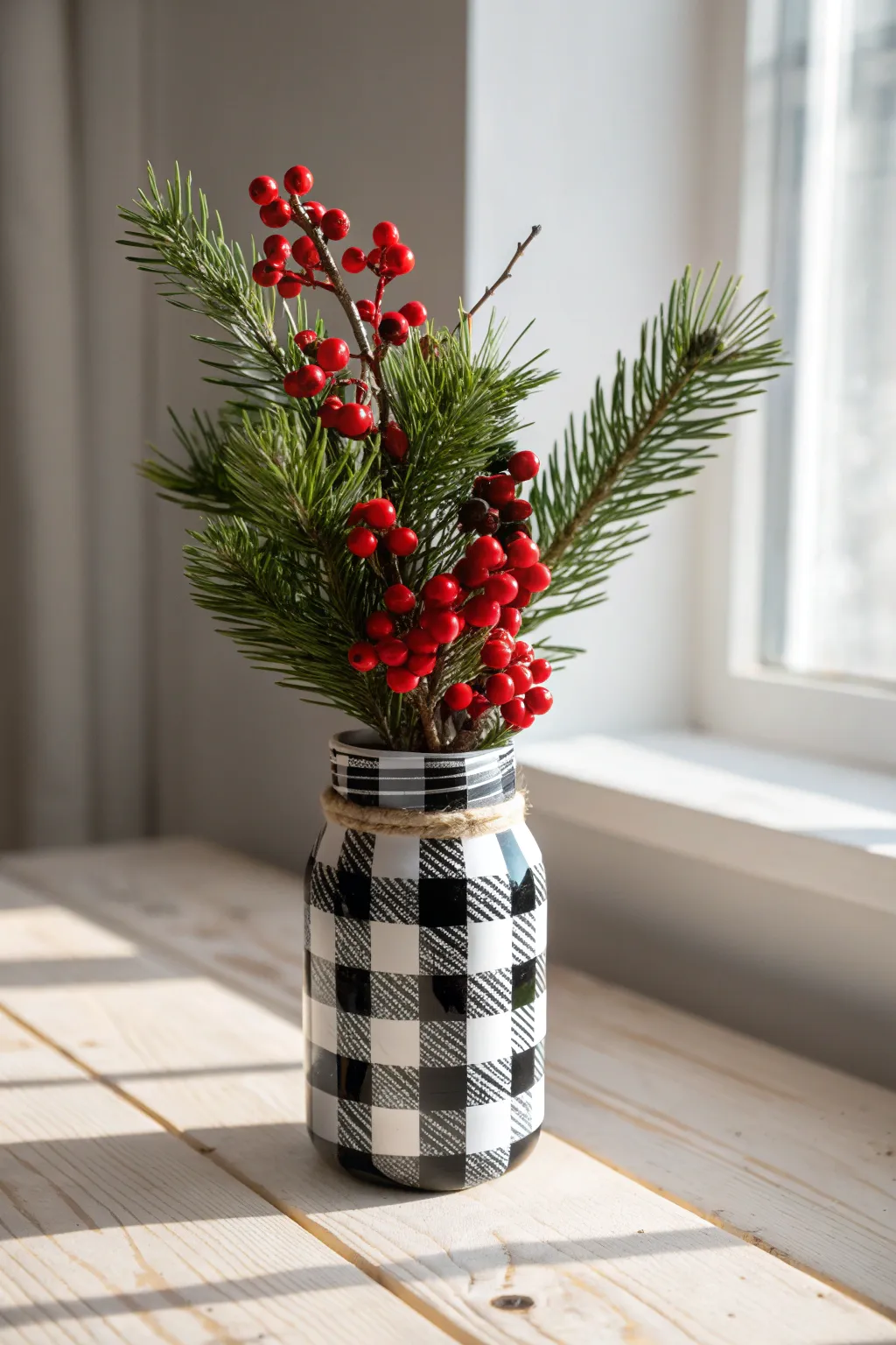 Create a cozy winter atmosphere with this beautiful buffalo plaid painted jar idea.