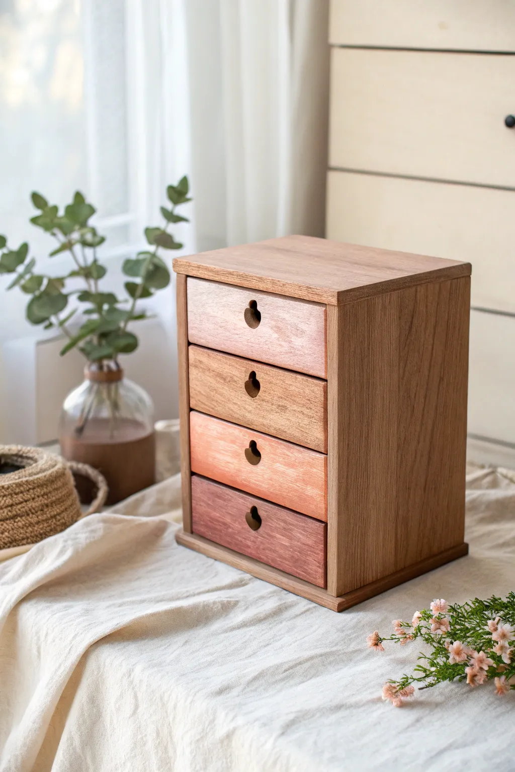 Soft ombre drawer fronts on a minimalist jewelry box for a calm Scandinavian boho look