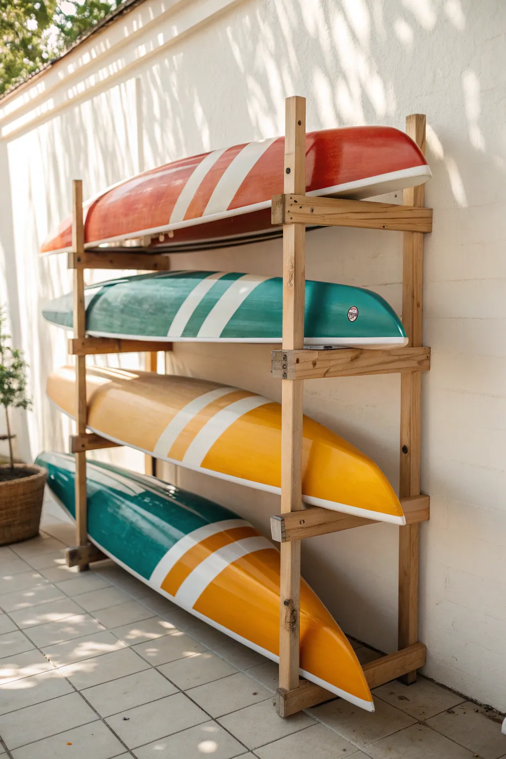Kayaks on a rack color study: bold stripes and repeating curves for minimalist painting practice
