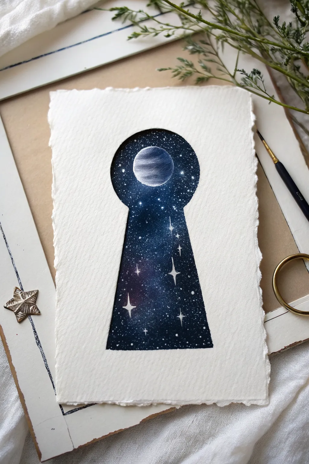 Starry galaxy portal keyhole with soft halo edges, minimalist magic for your sketchbook