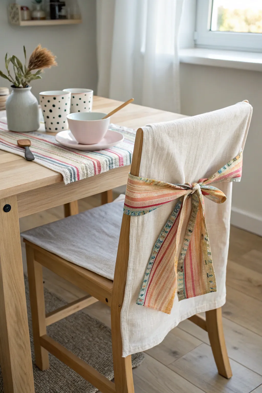 Color-coded seat setup: linen apron bow and matching cup, ready for a chic kids paint party