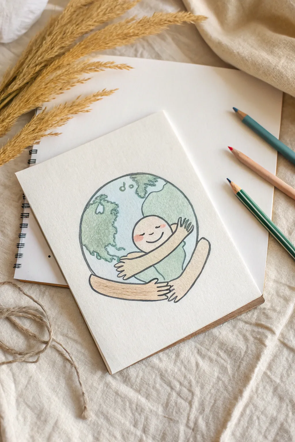 A sweet Earth hug sketch with soft pencil shading, perfect for practicing kindness-themed drawing.