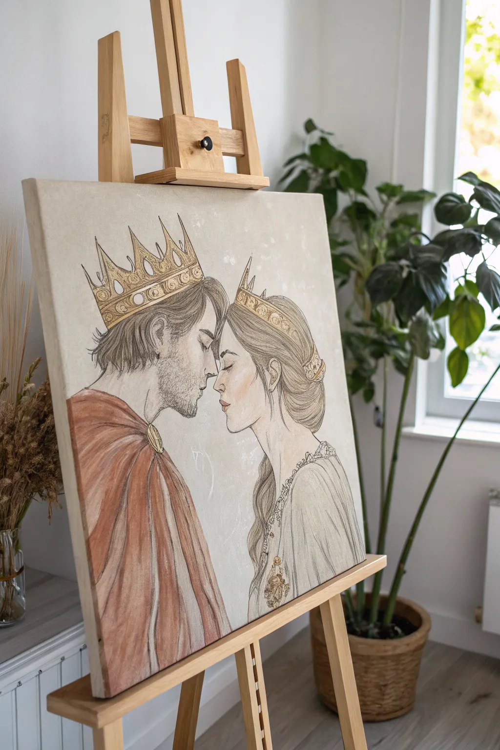 A minimalist king and queen canvas moment, gently fixing each other’s crowns in warm light