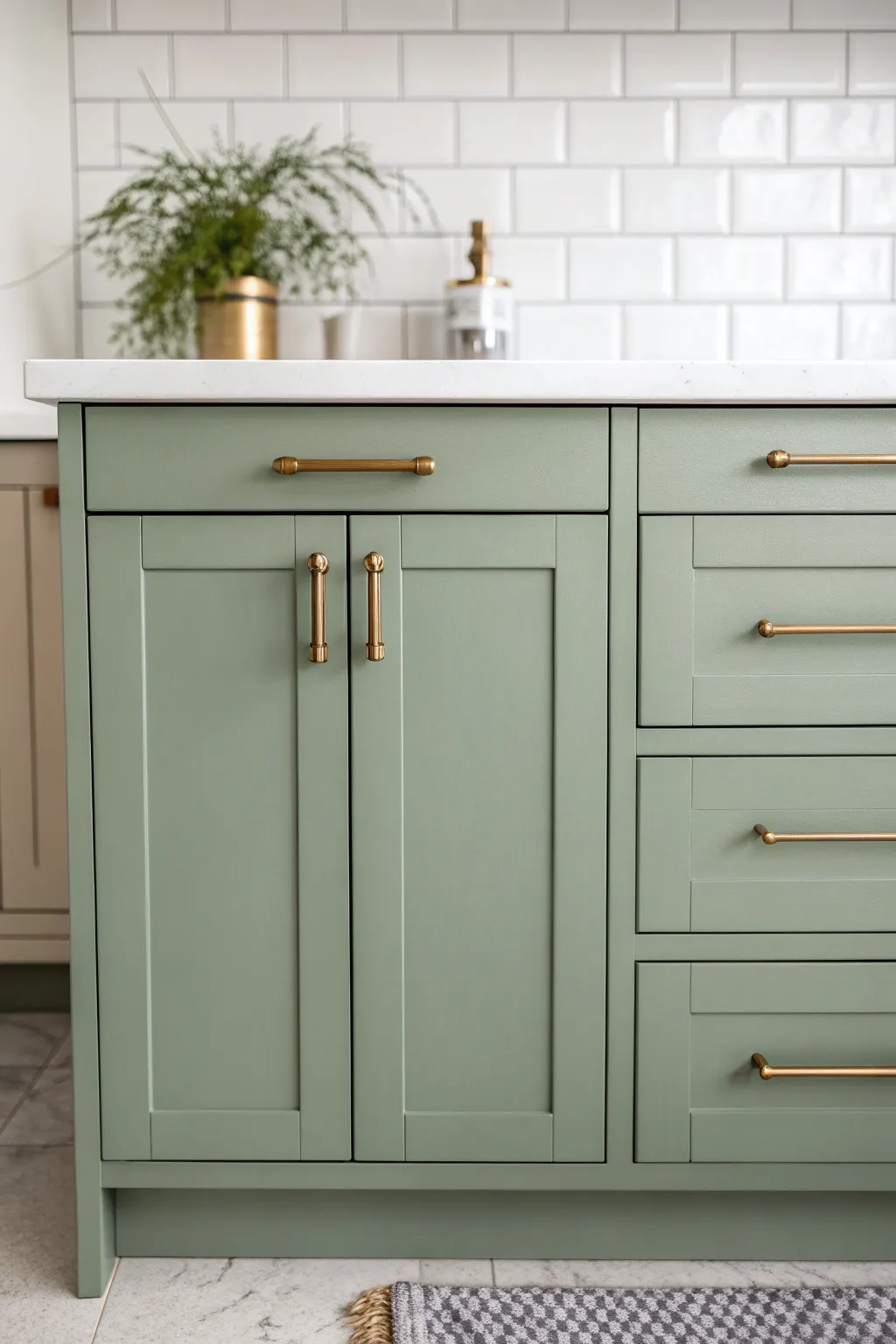 Sage green cabinets feel like a new neutral with warm brass and light stone for calm contrast.