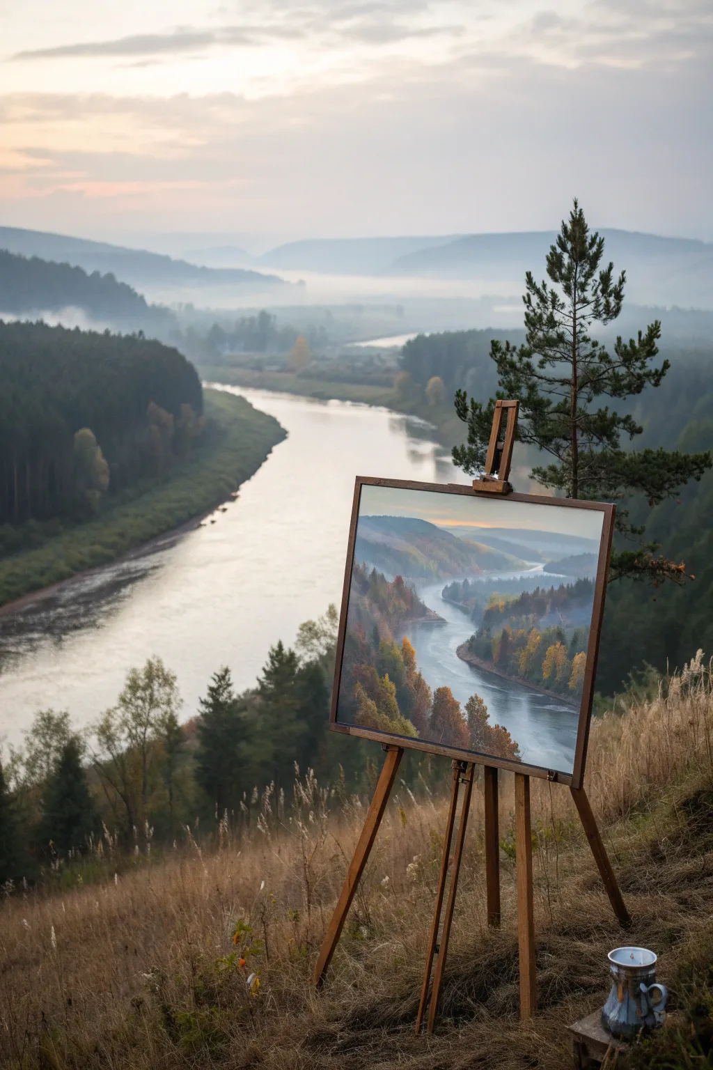 Paint a serene S-curve river with misty distance, soft edges, and calm Scandinavian tones.