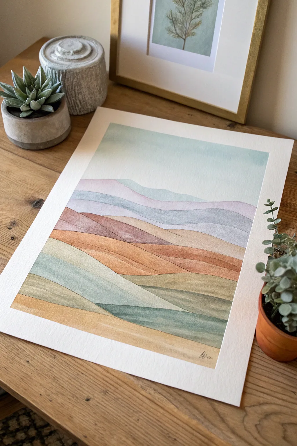 Rolling hill color blocks in calm boho tones, a beginner friendly minimalist landscape to paint.