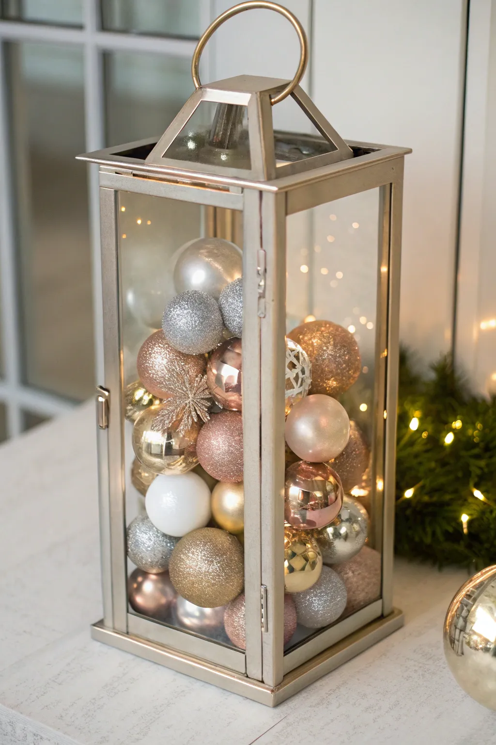 Metallic lantern brimming with mixed ornaments, a minimalist sparkle for cozy festive styling.