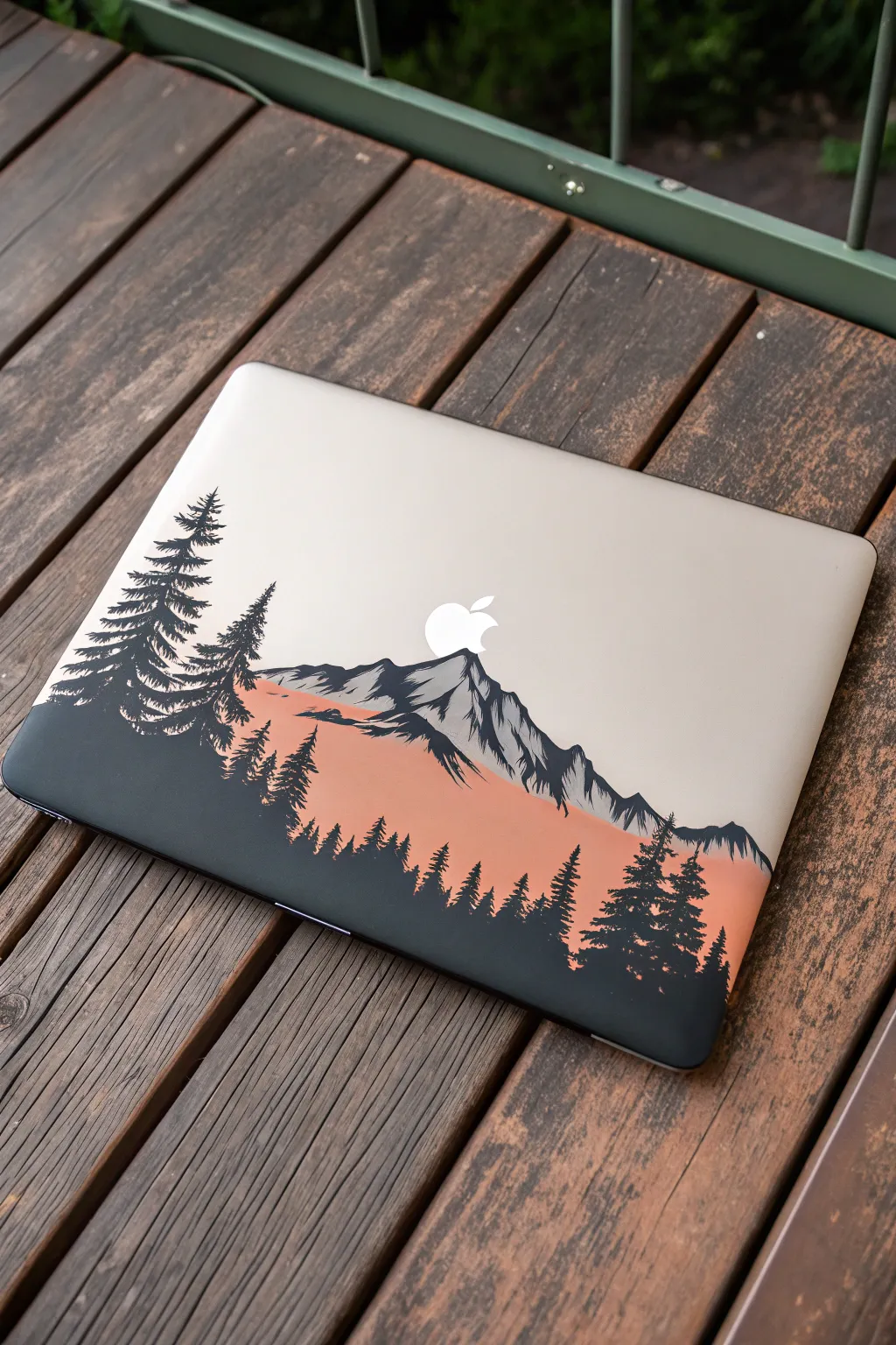 Crisp two-tone mountain stencil on a laptop lid, minimalist Scandinavian look with a boho touch.