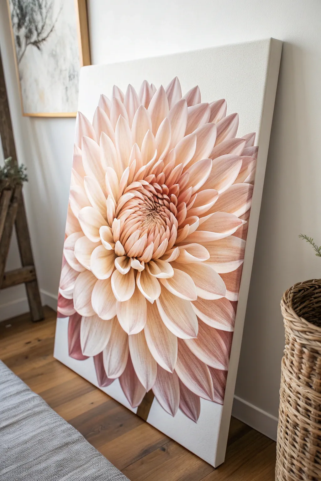 Giant cropped floral close-up on a large canvas, soft boho tones with crisp Scandinavian contrast.