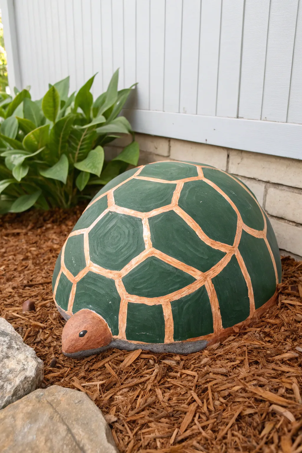 Paint a large rock turtle for garden beds, bold shell segments with calm, natural Scandinavian vibes