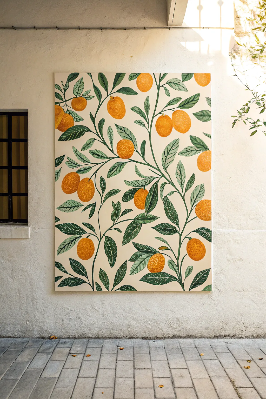 Sunny citrus grove print for a fresh, minimalist laundry room mural with bright, clean contrast