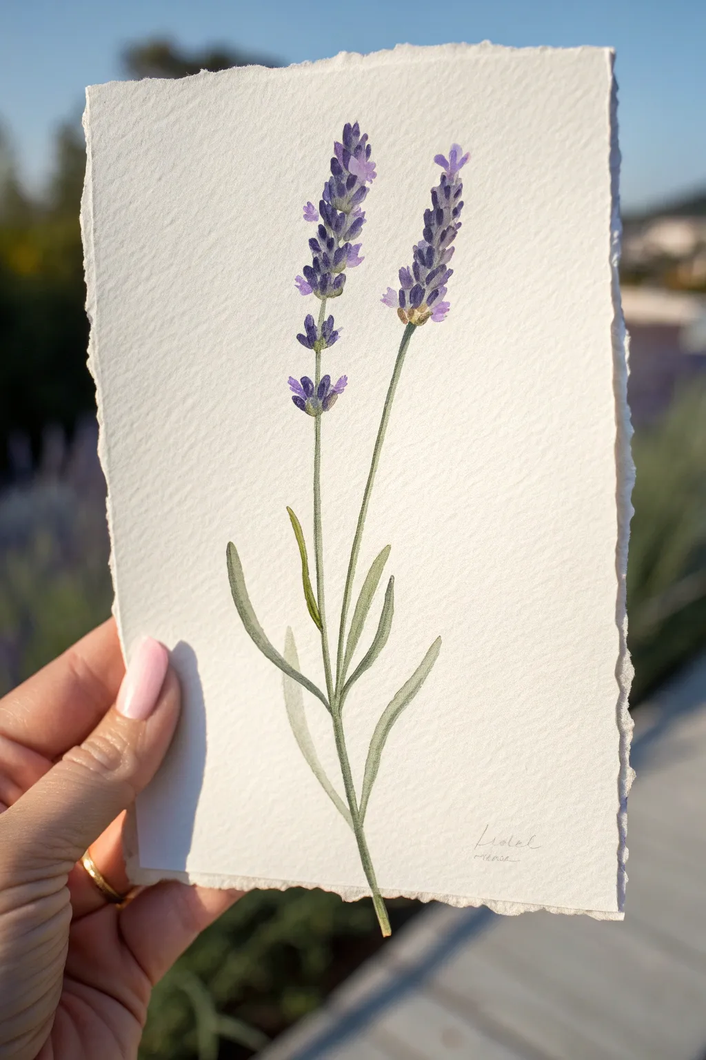 Minimalist single lavender sprig with soothing negative space in a modern Scandinavian boho style.