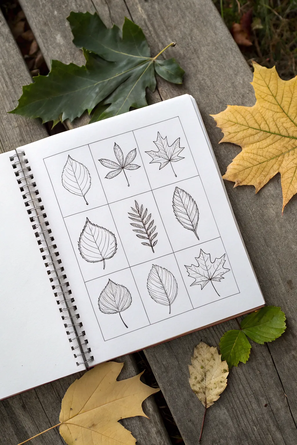 Minimal leaf vocabulary grid with clean linework and soft sage washes, perfect for sketch practice