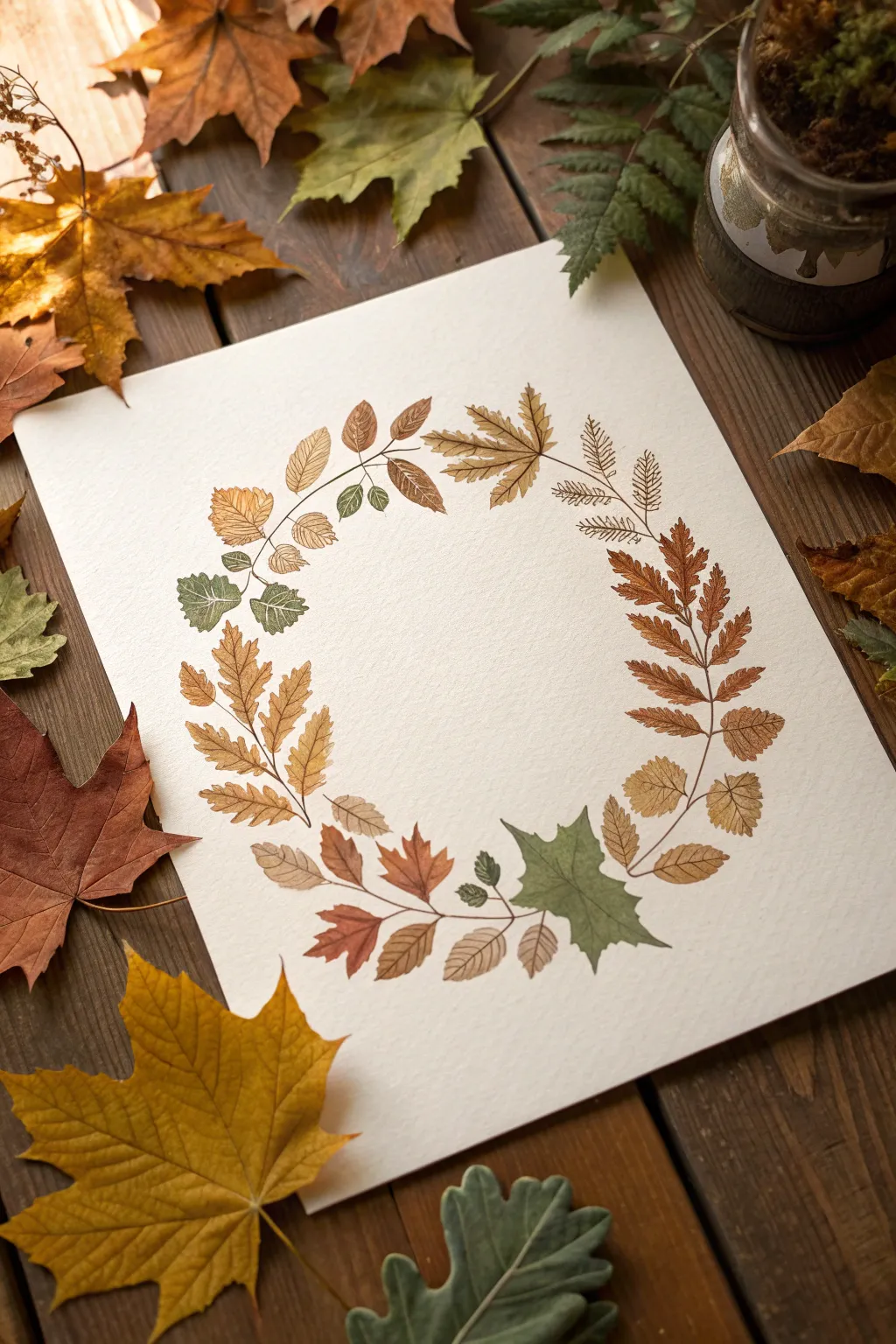 Layered leaf print wreath on paper, warm autumn palette and an open center for your own design.