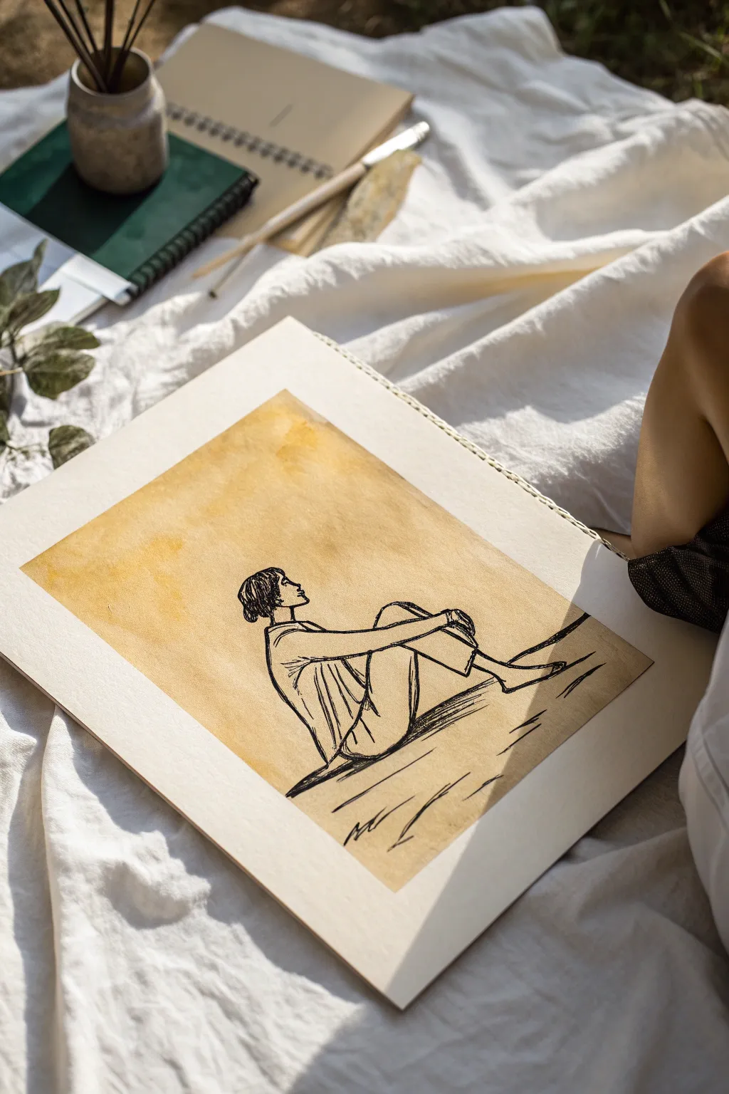 Minimal line figure on a warm beige block, airy Scandinavian calm with handcrafted boho warmth