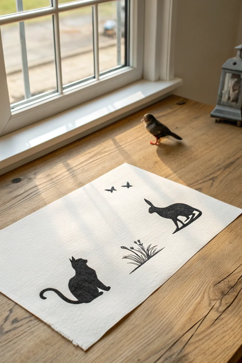 Minimalist line-only animal silhouettes with varied line weight for Scandinavian boho calm