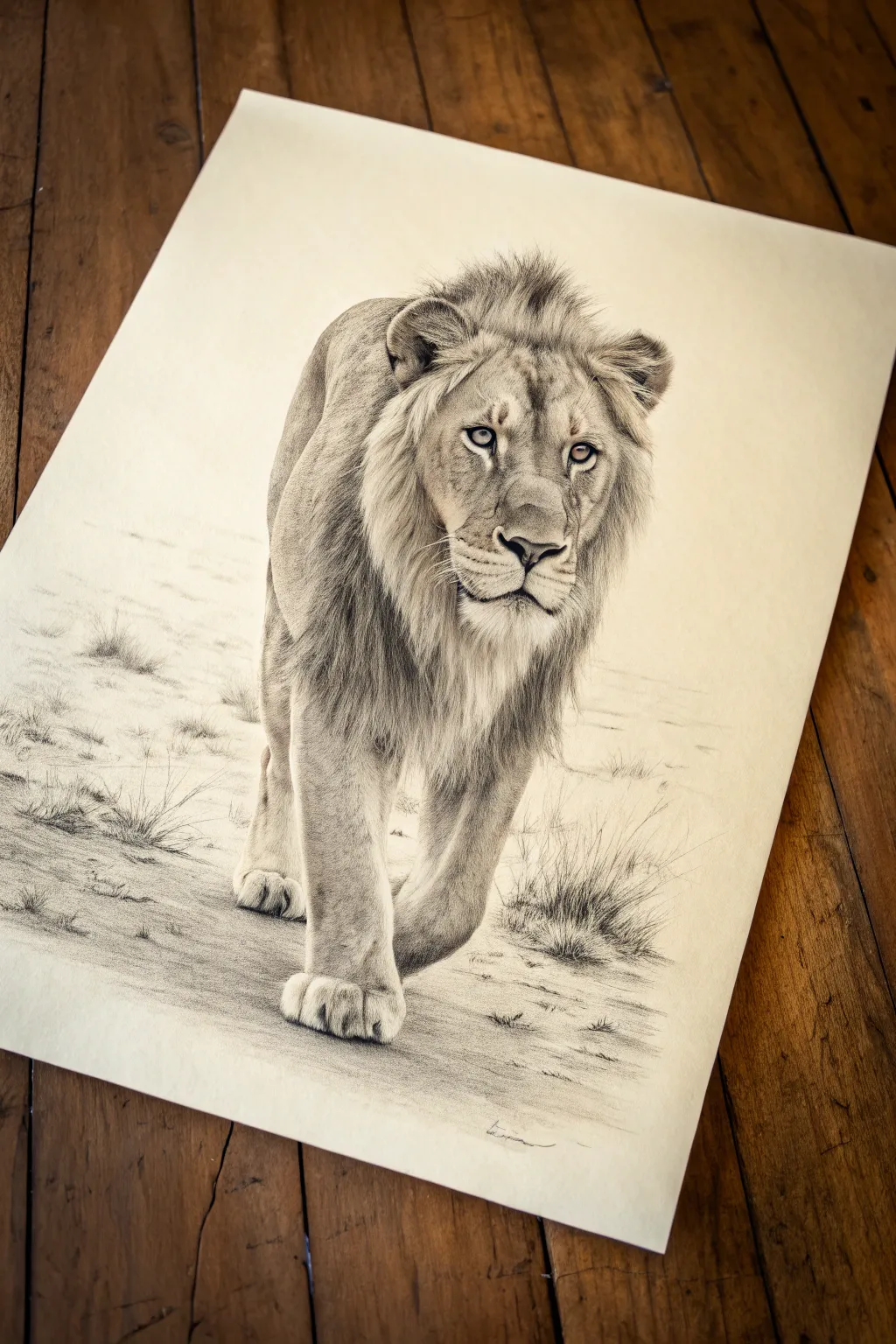 Minimal full-body lion walking toward you, bold contrast linework and a soft grounding shadow