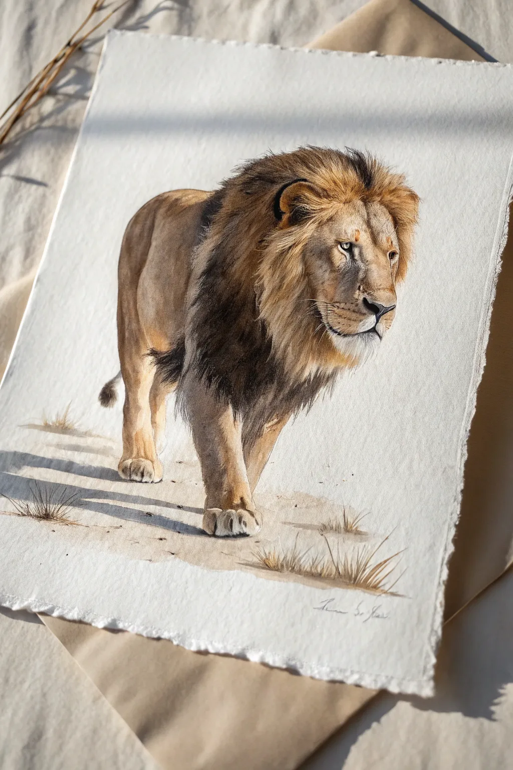 Full-body lion walking toward you in a calm minimalist palette with soft boho shapes behind