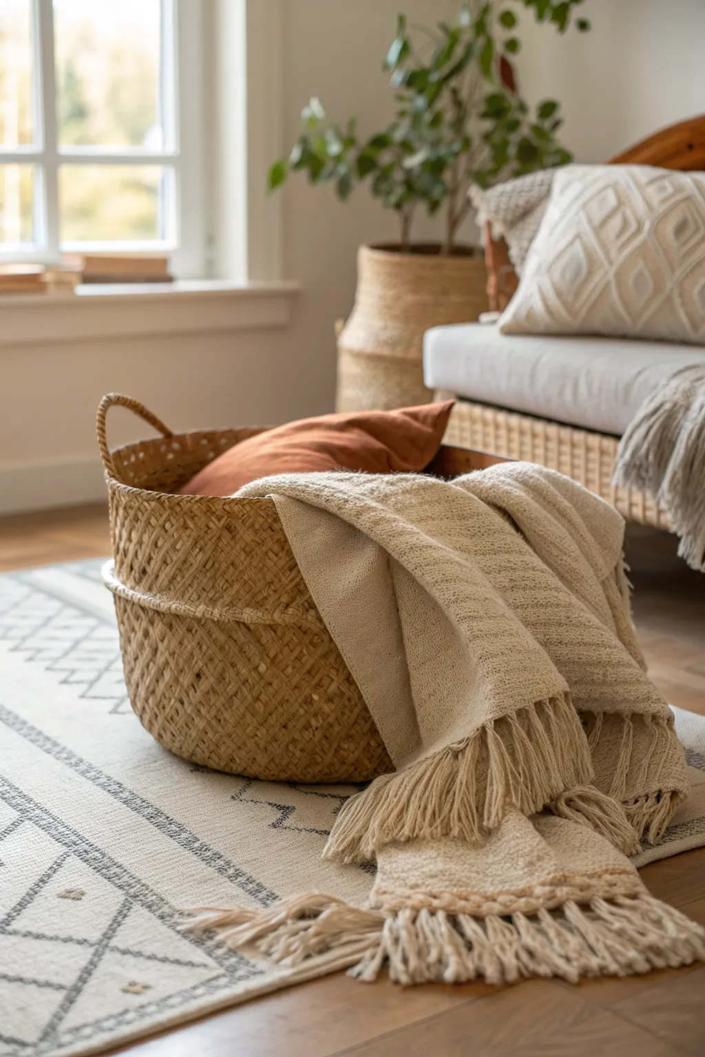 Layered textiles in one cozy corner: basket, knit throw, linen pillows, and a textured rug.
