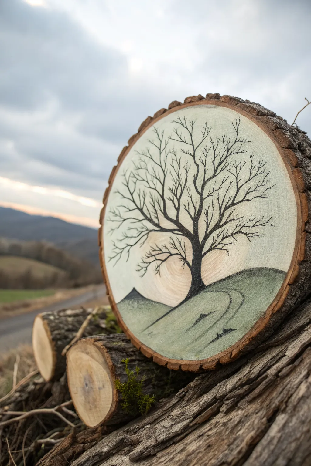 Simple single-tree log painting with soft hill curve and subtle wood-grain sky texture.