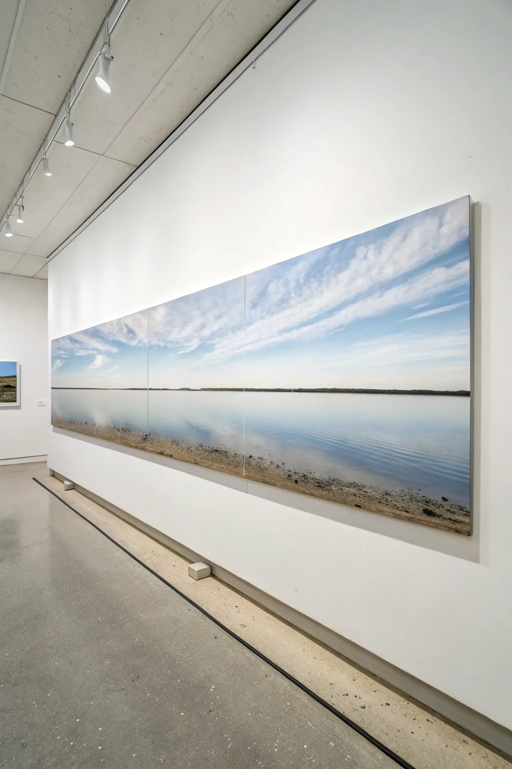 Minimal panoramic horizon painting idea with calm water reflections for a long canvas