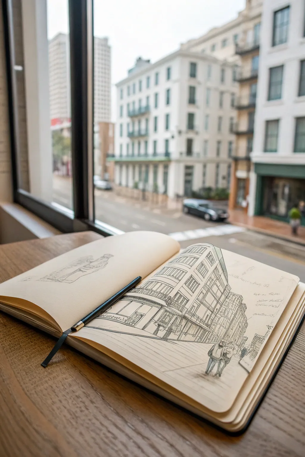 Centered sketchbook with a loose New Orleans street scene, bold lines, soft boho-minimal mood.