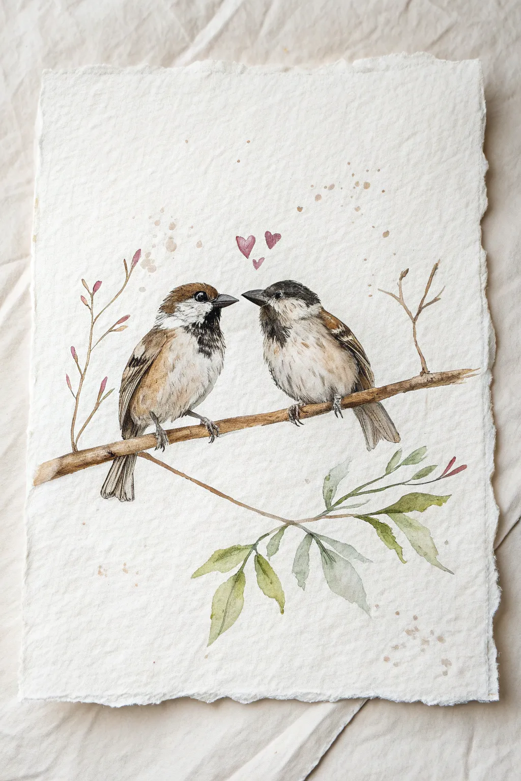 Simple love birds on a branch, soft boho hues and a hidden heart for easy romantic art.