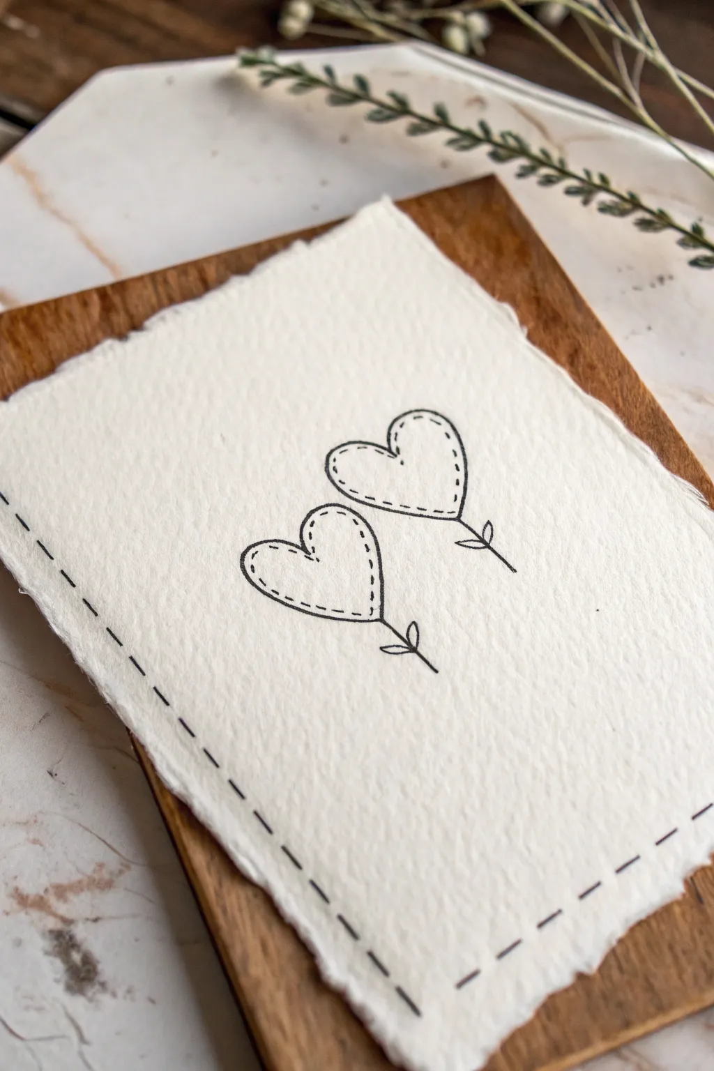 Two stitched hearts in minimalist line art, a simple loyalty symbol with soft boho warmth