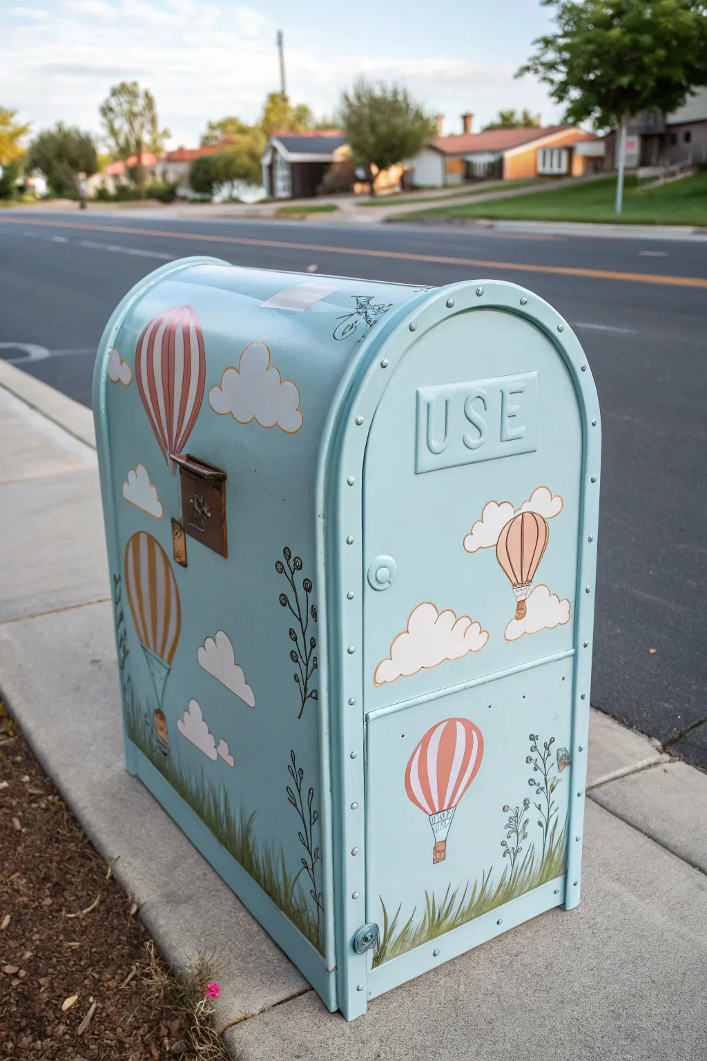 Sky blue mailbox with dreamy clouds and playful balloon motifs, bright coordinating flag.