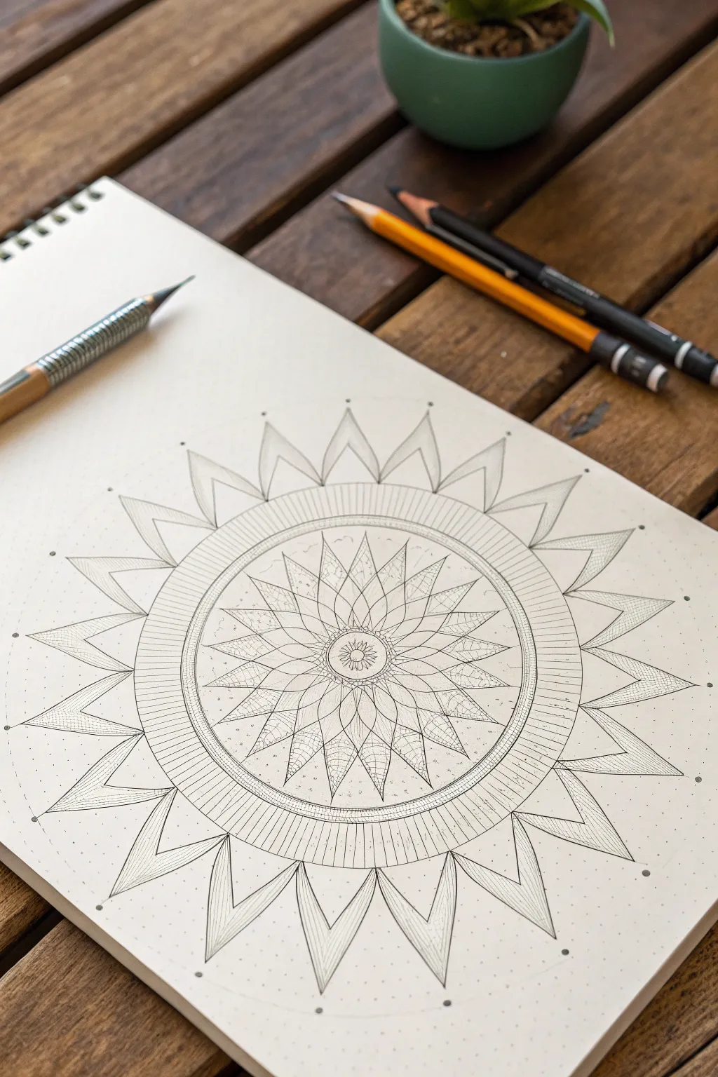 Radiating spokes turn into a sunburst mandala, with faint circle guides for clean symmetry