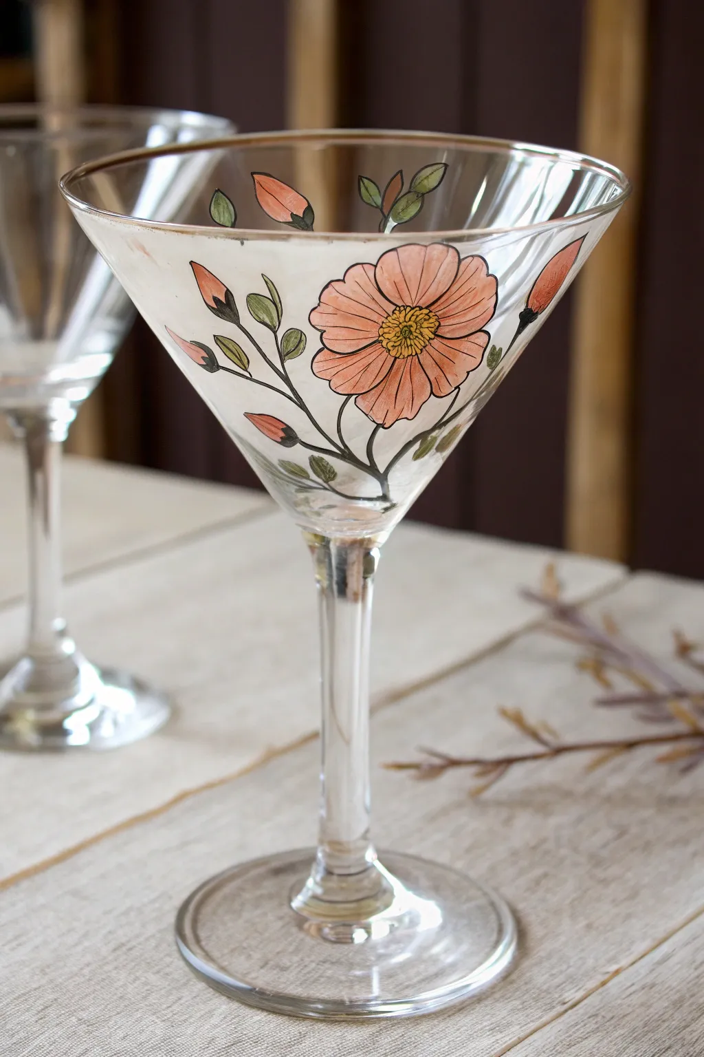 Minimalist martini glass with one bold flower on the bowl and delicate buds trailing to the stem.
