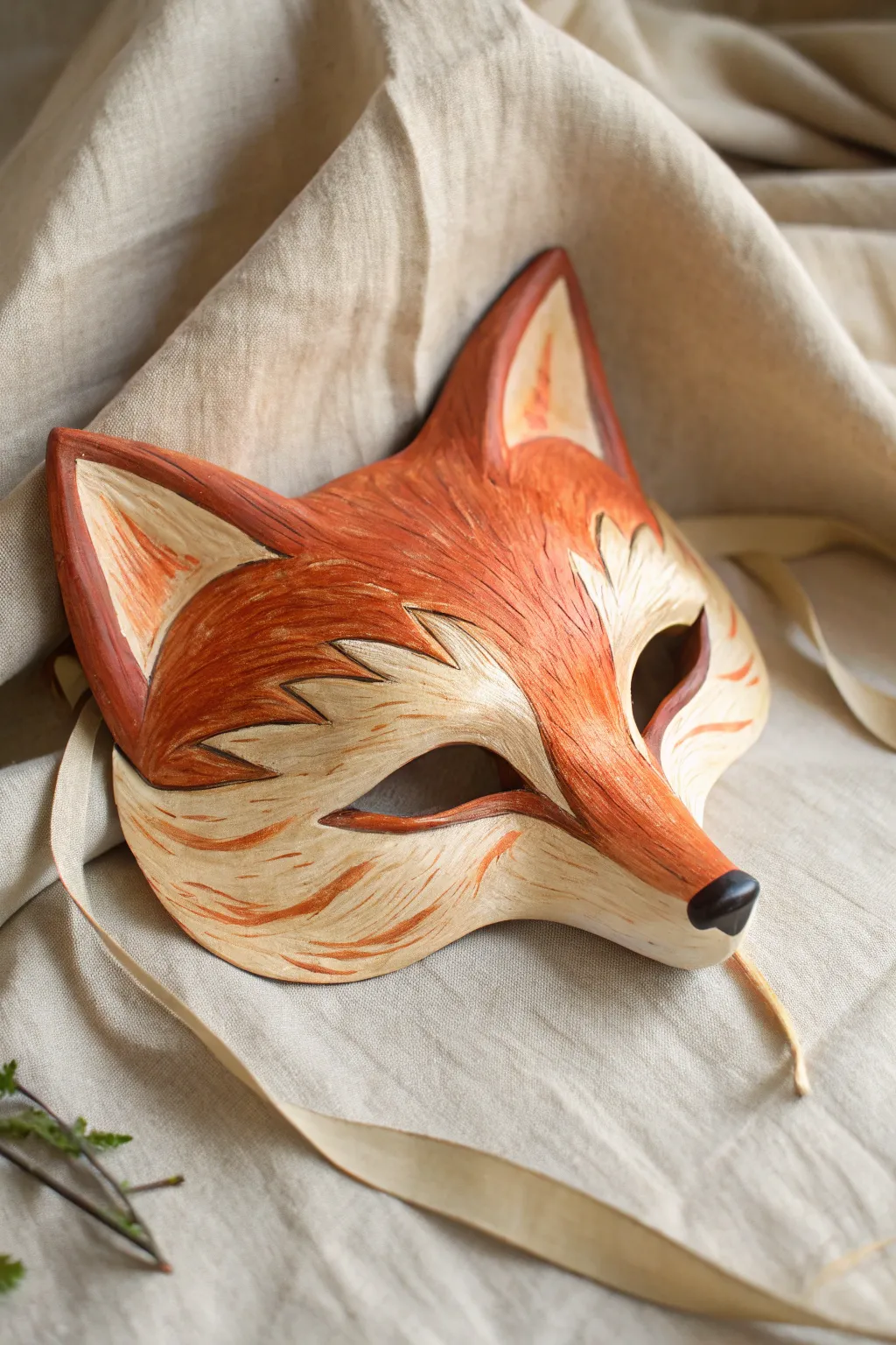 Woodland fox mask in warm oranges on neutral linen, minimalist boho styling and crisp contrast