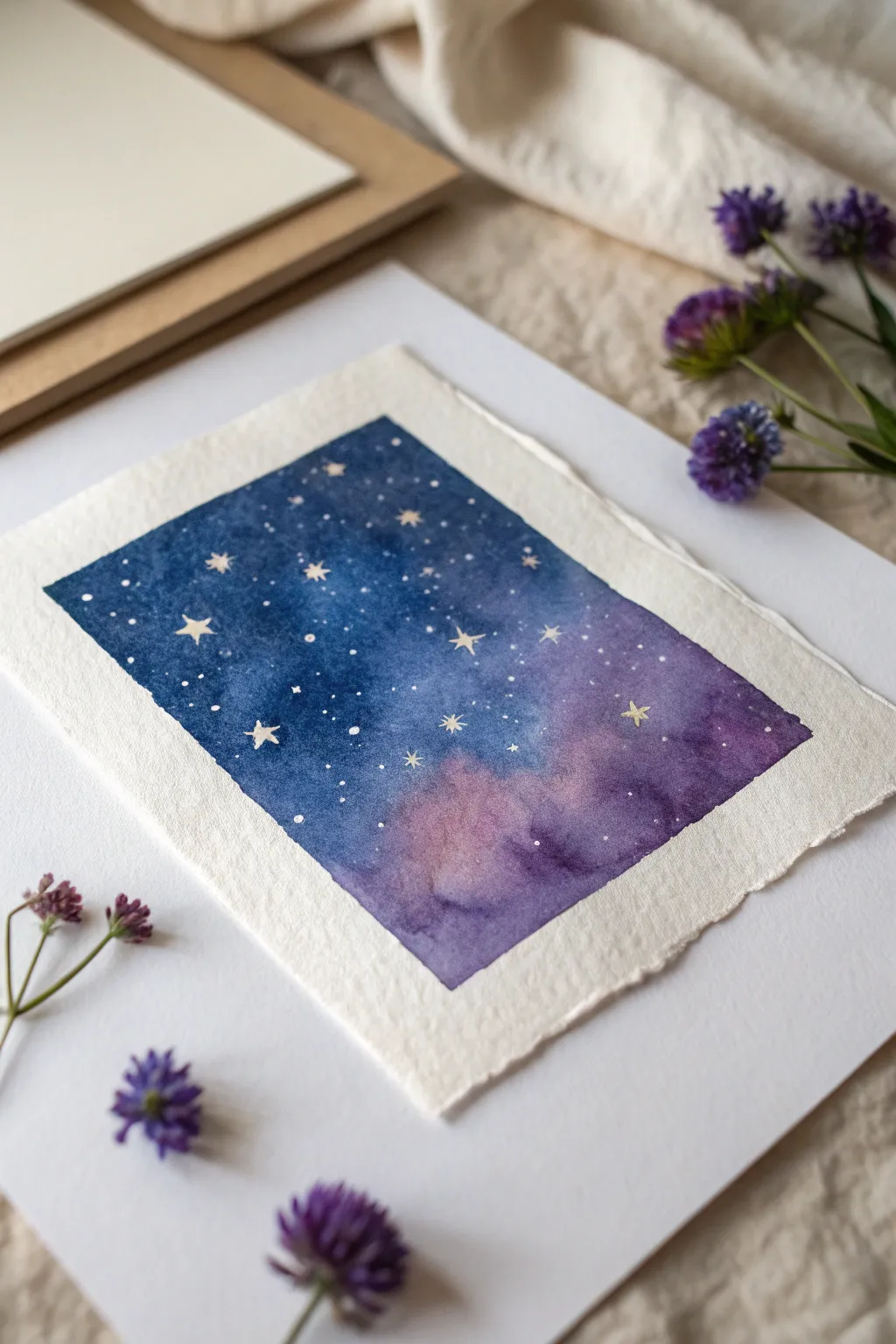 Watercolor galaxy wash with granulating indigo blooms and crisp star splatters on clean paper