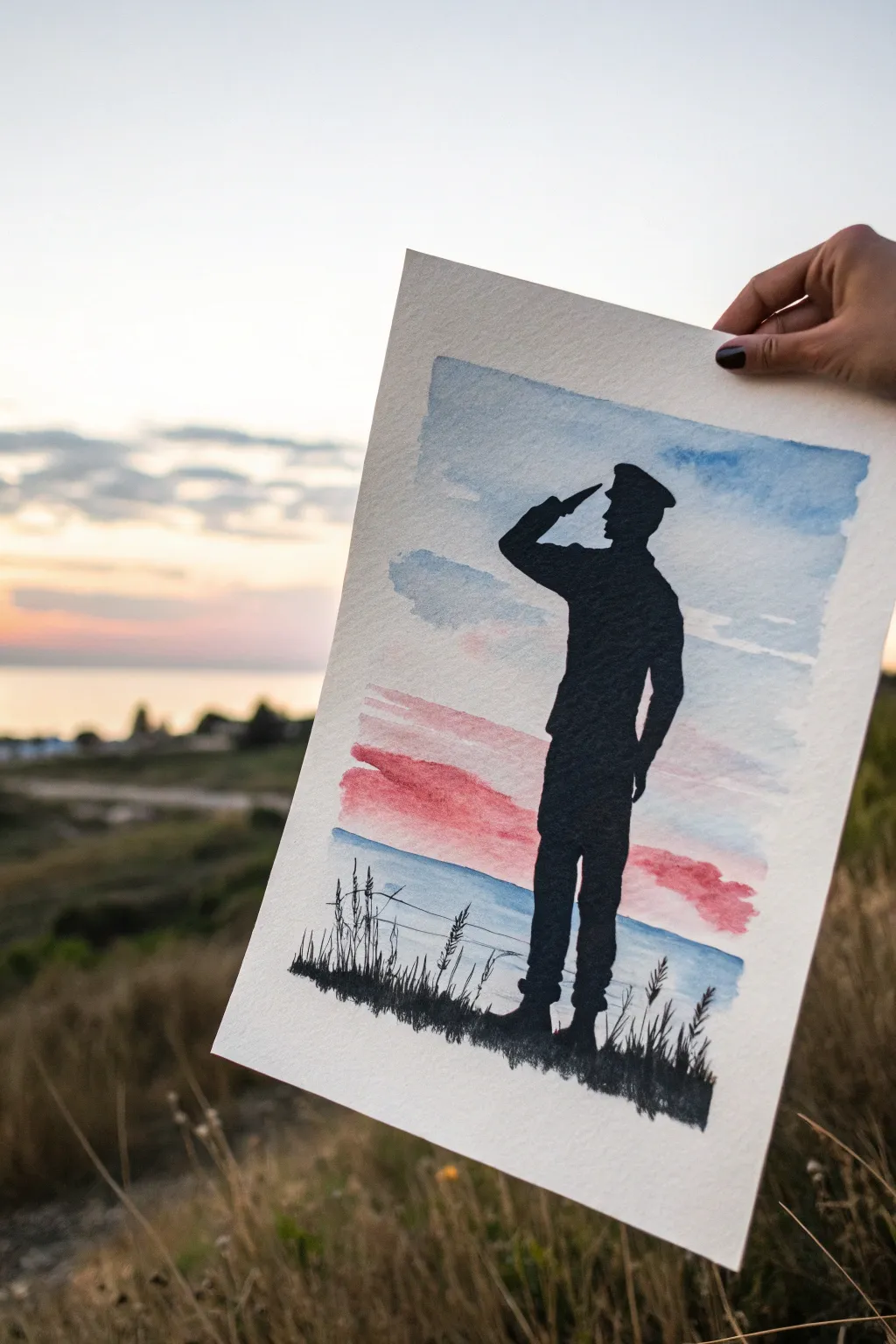 Minimalist Memorial Day salute silhouette at dawn in soft red, white, and blue hues.