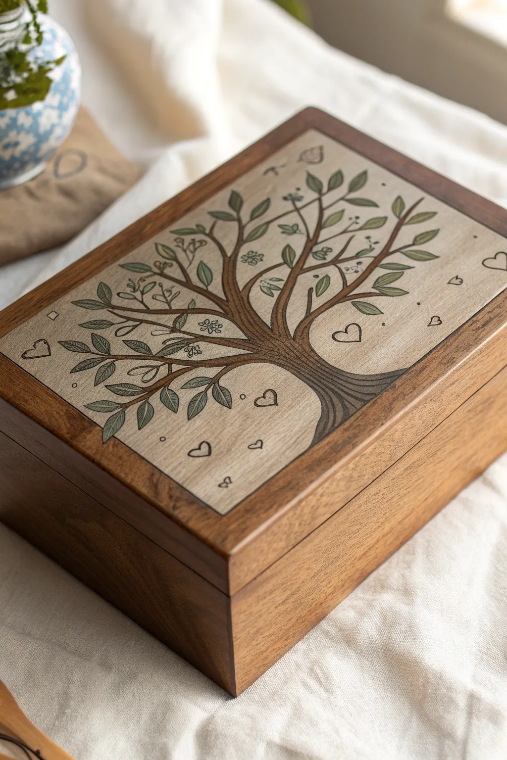 Tree of Life memory box painting on warm wood, minimalist boho keepsake with soft contrast