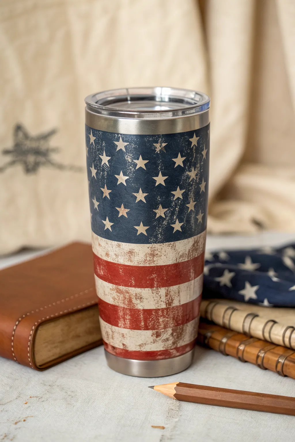 Distressed flag epoxy tumbler wrap with rugged texture, styled in calm minimalist tones.