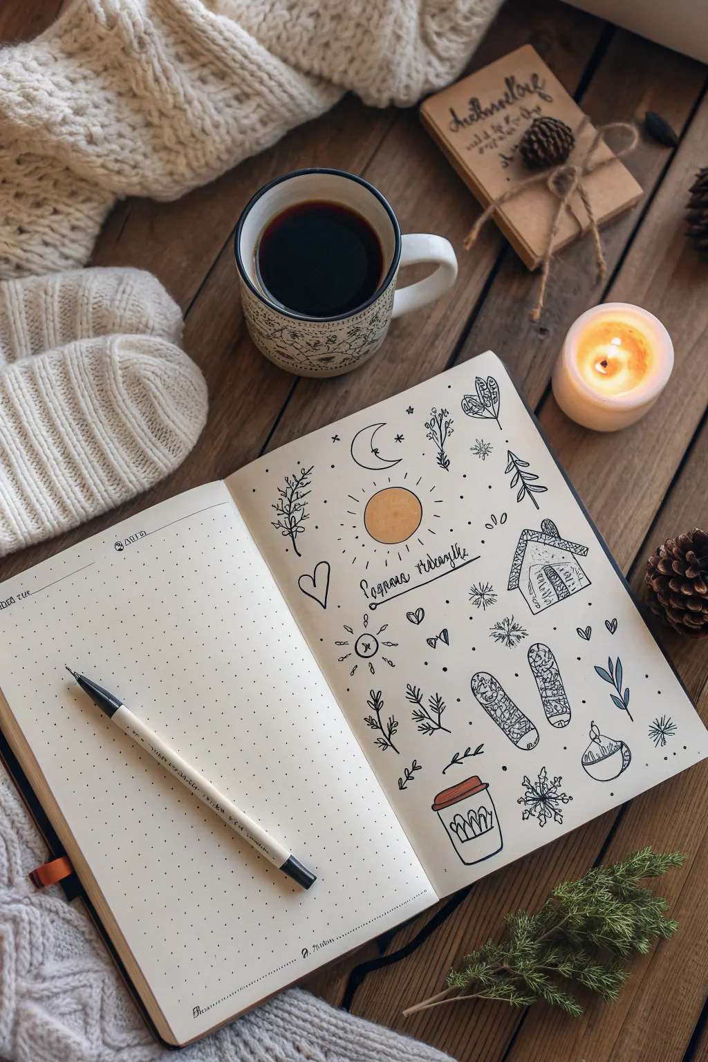 Create a gratitude doodle collage of cozy comforts for a calm, uplifting mental reset