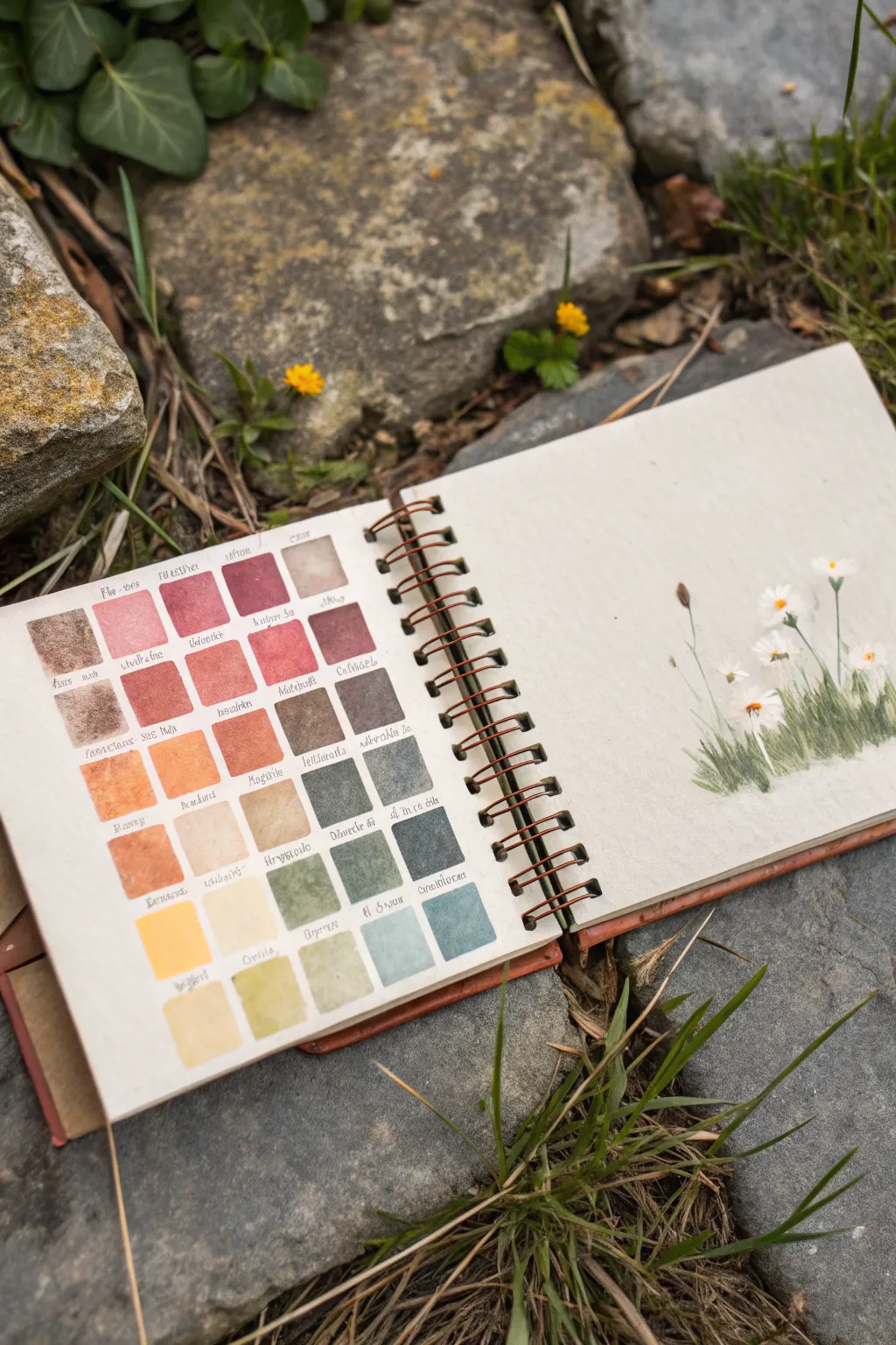 Messy color swatches and tool tests on one clean sketchbook page, beautifully chaotic.