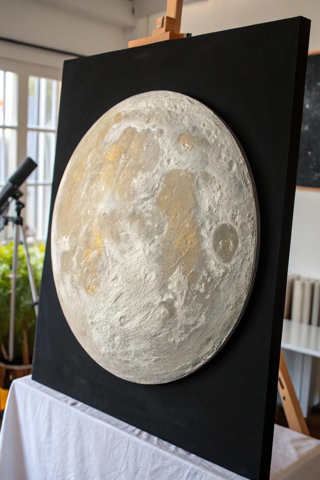 Textured metallic acrylic moon study with high-contrast shimmer on a matte black canvas