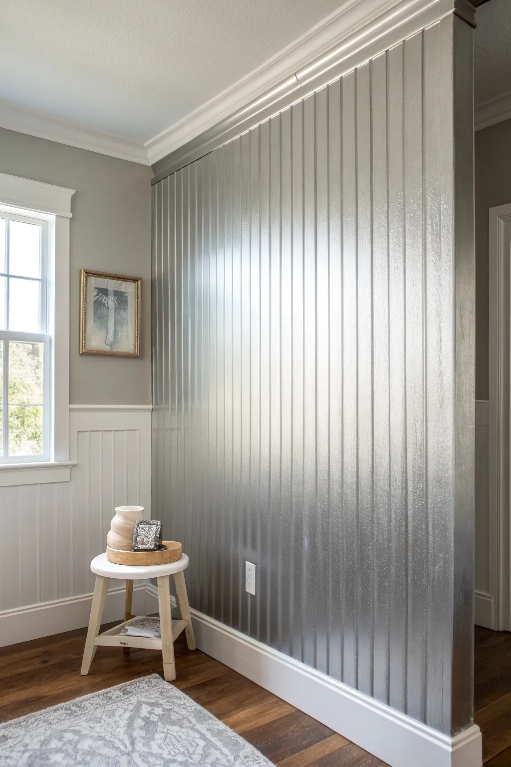 Cool pewter metallic wall paint, modern Scandinavian contrast, subtle shimmer and color shift.