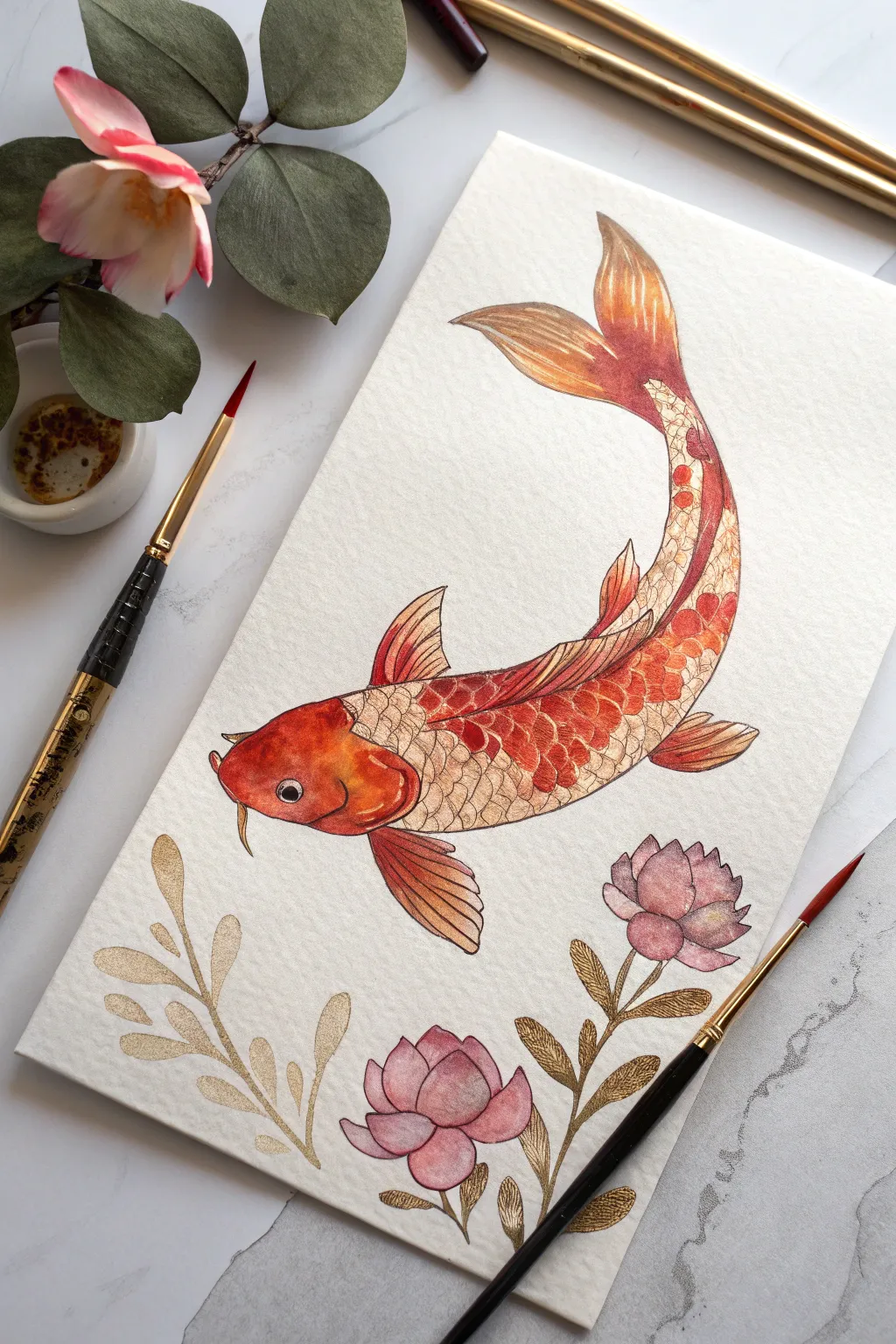 Warm red koi fish watercolor with wet-look metallic copper and gold scales, minimalist style