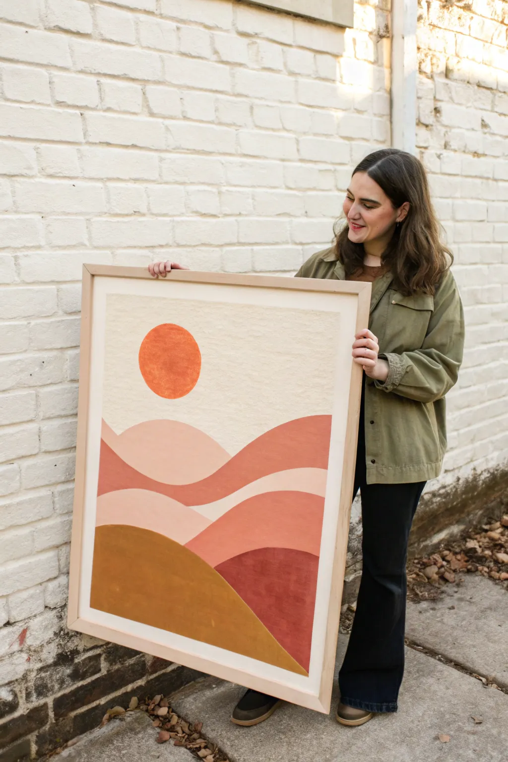 Minimal sun and rolling hills in mid-century tones, a calm landscape idea to paint today.