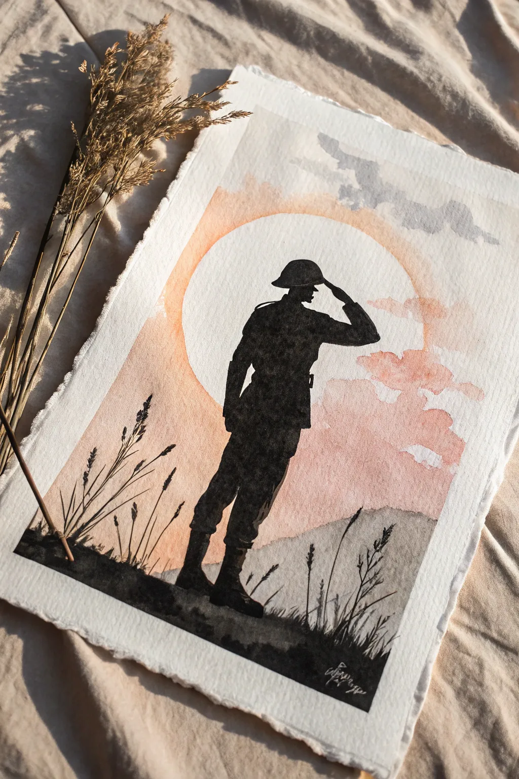 Saluting silhouette against a soft sunrise wash, minimalist and dramatic with long morning shadows