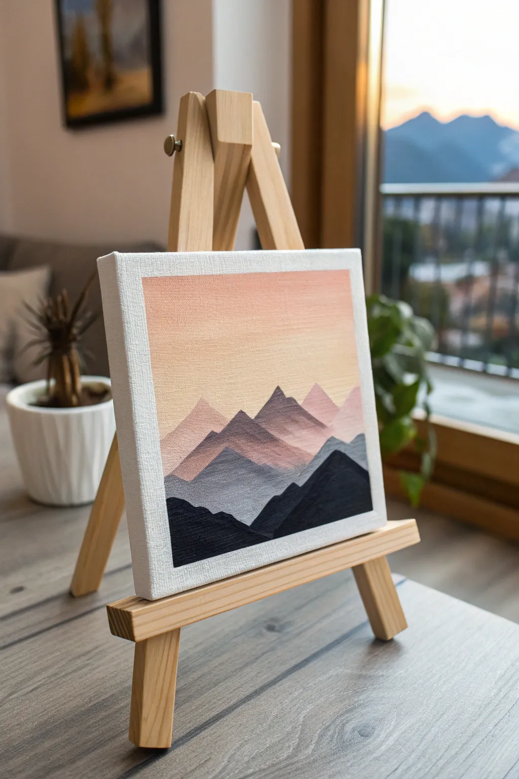 Simple mountain layers on a mini canvas with a soft gradient sky and clean, calming contrast