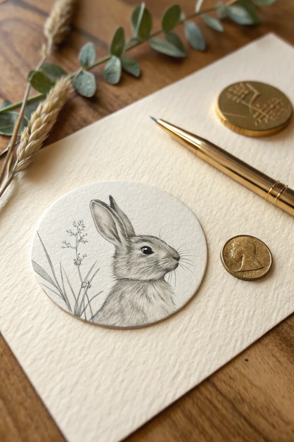 Coin-size bunny portrait beside a blank coin for scale, minimal, cozy, and beautifully detailed