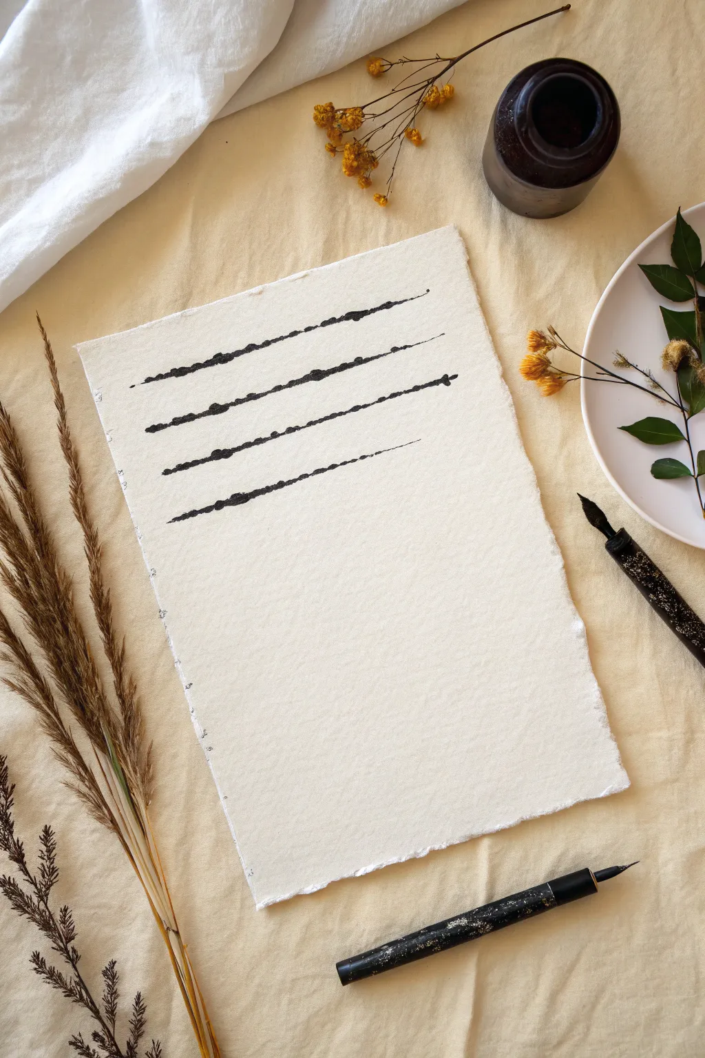 Confident black ink strokes on crisp white paper, celebrating contrast and calming negative space