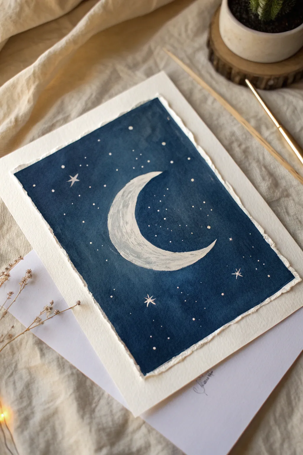 Minimal night-sky painting idea: a bright crescent moon with one tiny star on deep indigo.