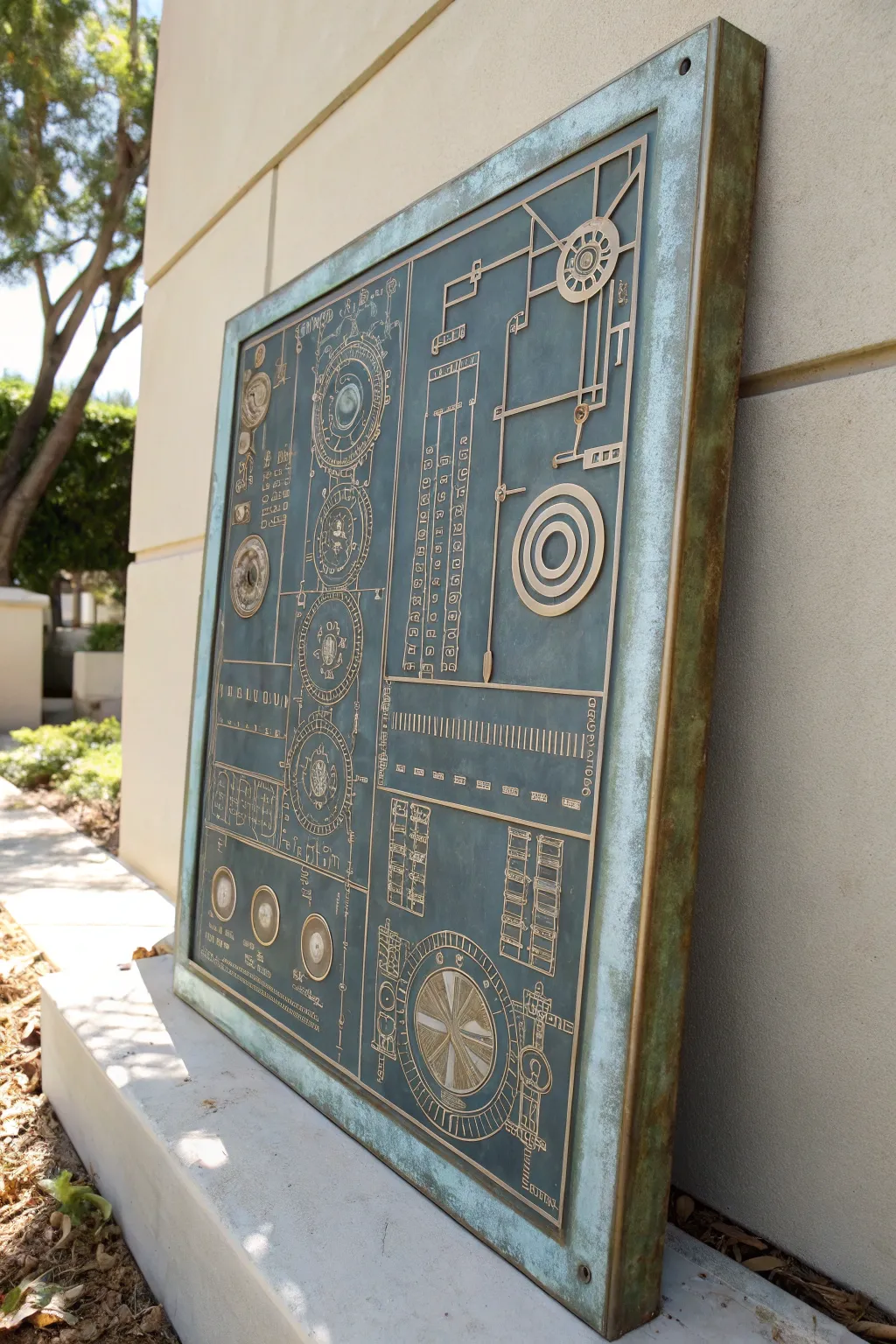 Embossed blueprint stencil underlayer with metallic wash, perfect for steampunk mixed media depth.